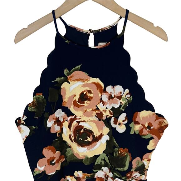 NWT Altar’d State Navy Blue Floral Print Scallop Trim Fit & Flare Dress Small - Picture 5 of 9